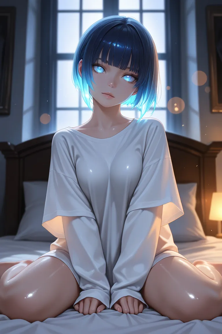 masterpiece, best quality, amazing quality, hyper-detailed, realistic, realism, 1girl, goth, blue hair, bobcut, blue eyes, dark ambient, indoors, sitting on bed, oversized shirt, shiny skin, (wariza), small breasts, glowing hair, glowing eyes, head tilt, l...