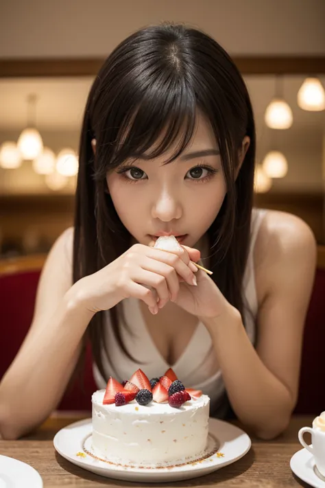 Woman eating cake、 looks delicious、chew、