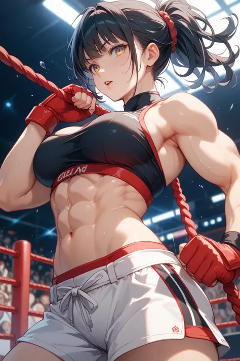  black hair、with bangs、The hairstyle is straight to the shoulders、 eye color is yellow、Do mixed martial arts、I'm wearing a perfectly black tube top and shorts that show off my shoulders with a high degree of exposure。wearing red open finger gloves。They sit...