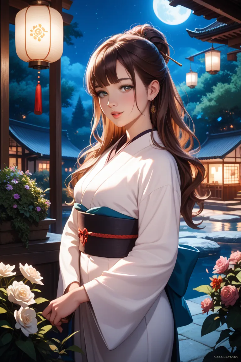 A girl with long brown hair who looks kind and has small breasts。The background is night and the clothes are white kimonos