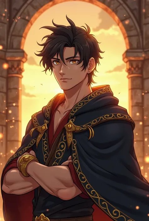 Imagine an anime character who a strikingly handsome young man with a confident yet slightly brooding expression. His defining facial features include sharp, well-defined cheekbones, a strong jawline, and full lips that are slightly parted. His golden-brow...