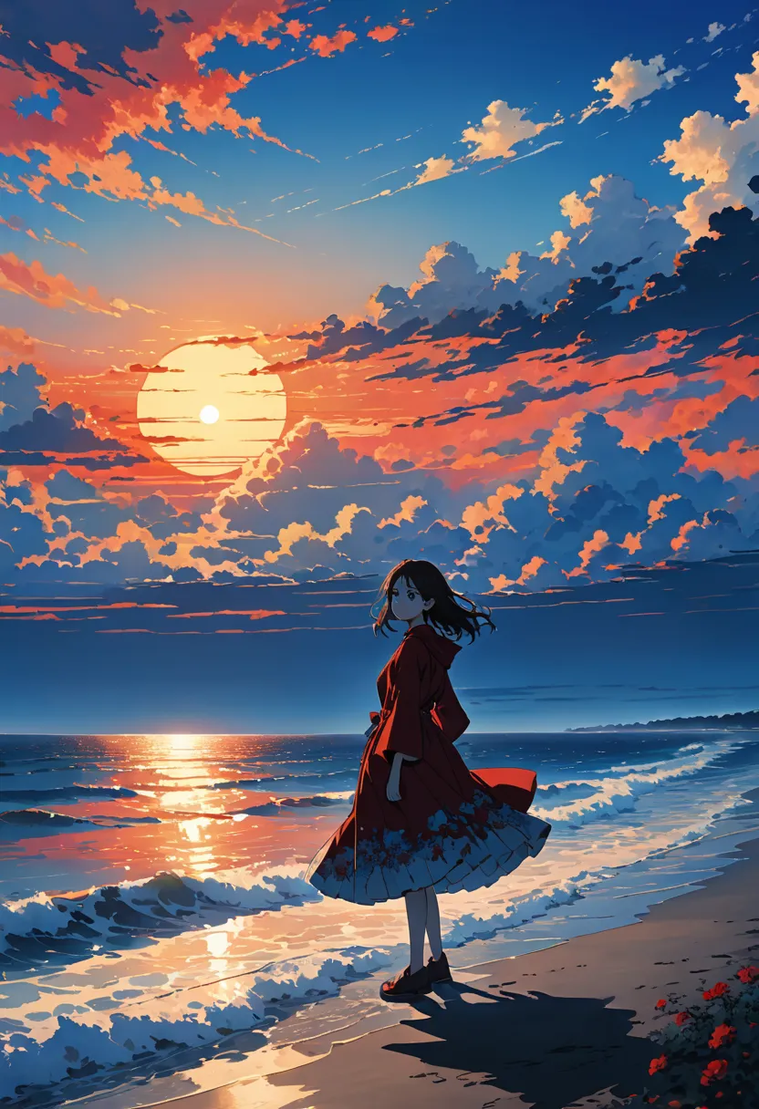 this image's teeth is、 It depicts the silhouette of a girl standing against a beautiful sunset.。. light , horizon 、 dark black , teeth、 . That person's teeth、 this image's teeth 。, As it approaches the horizon 、 , 、 from {x} deep electric blue as it rises ...