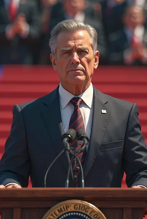 a close up of a man in a suit Greeting  at a podium, barron trump,  He is wearing a suit , handsome donald trump,  Daniil Kudriavtsev , In his suit ,  proud serious facial expression , proud look, mattey, andrea savchenko, Greeting , Inauguration , Jakub G...