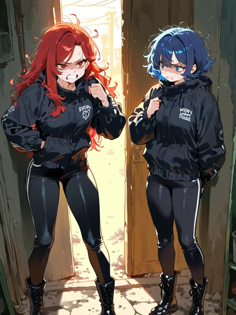 dirty house basement, two girls alone in a basement, 2girl\( short hair, blue hair, side swept bangs, messy hair, huge beasts, blue eyes, black jacket, black pants, black boots, nervous\), \(red hair, long hair, parted bangs, messy hair, red hair, red eyes...