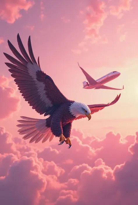 The pink sky in which an eagle has taken flight, with an airplane beside it.

