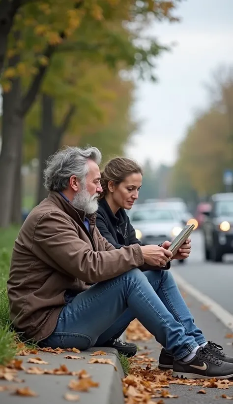 A man and a woman sit on the side of the road and ask people for money