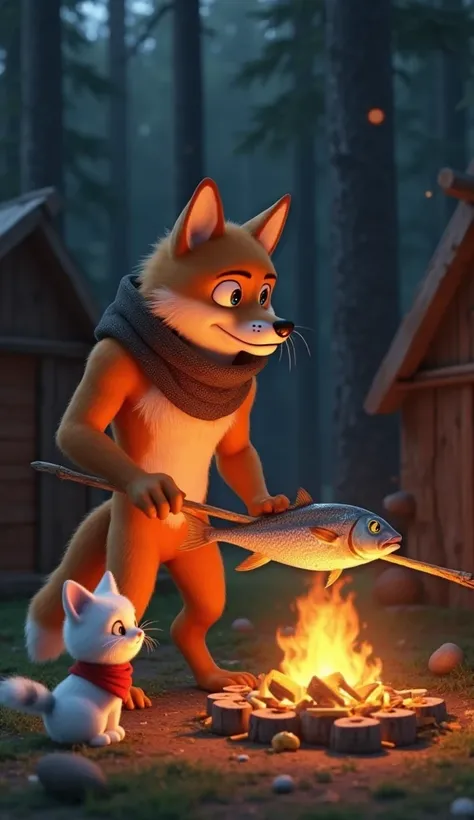 A large, strong male wolf with bright orange fur, wearing a brown scarf, was roasting a large fish on a campfire. the fish was skewered using wood. Beside him was a small, white-furred kitten with a gray-tipped tail and olive green eyes, wearing a red band...