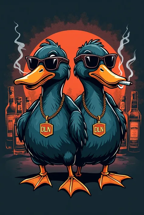 Logo for the profile picture of two leftover gangster ducks with sunglasses, smoking a cigarette, with pendants that have a pendant that says DLN, And bottles of alcohol behind 