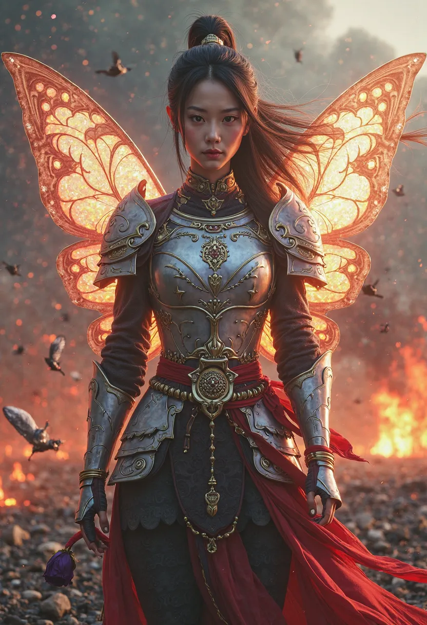 8k very detailed, a beautiful young Korean woman, a mighty warrior in medieval armor, armor that glows silver, with colorful butterfly fairy wings, is walking on the battlefield and fiery, carrying a wilted rose in her left hand, intricate details, very de...