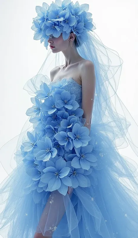 The elusive beauty, veil, Face Concealer, Surrealism, wave textures, model body , wrapped in a hydrangea flower dress. It is made from huge transparent blue organza petals. The model's pose is complex and unusual.

The sketch is made in one line, which giv...