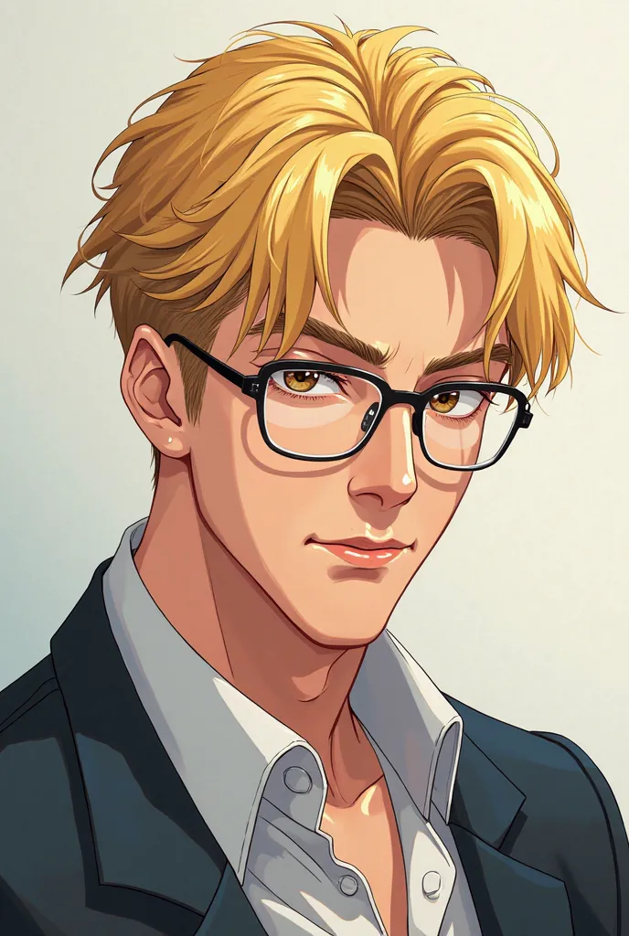 Anime guy with blonde hair,brown eyes,wear glasses and good physical appearance 