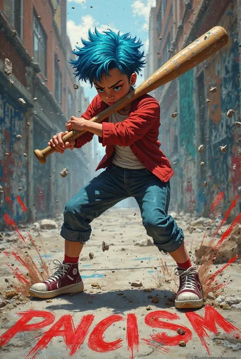 A young antifa with blue hair who smashes the word Racism and the word Fascism with a baseball bat 