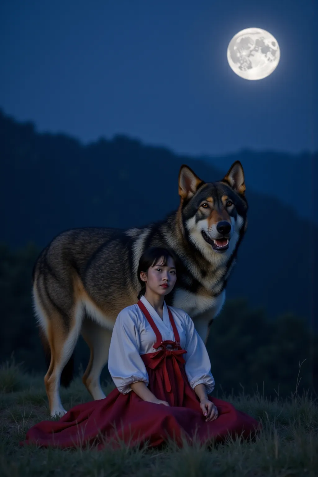 There is 1 woman and 1 wolf.She is a 20 year old Korean beauty with a perfect body.I'm wearing Hanbok.Behind her lies a giant wolf protecting her.It's in the mountains with a huge moon floating in the night sky.