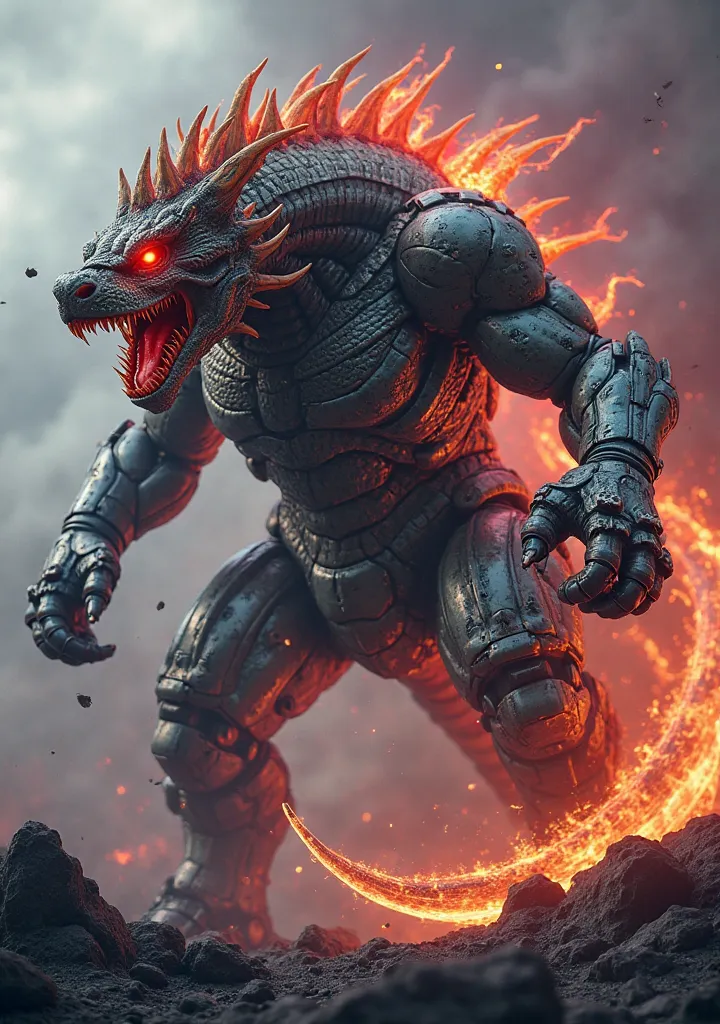 A hyperrealistic, cinematic close-up shot of a colossal, anthropomorphic hybrid monster, a furious fusion of an Eastern dragon and a robot.  The camera focuses on its entire body, emphasizing its imposing scale.  The creature's skin is a patchwork of metal...