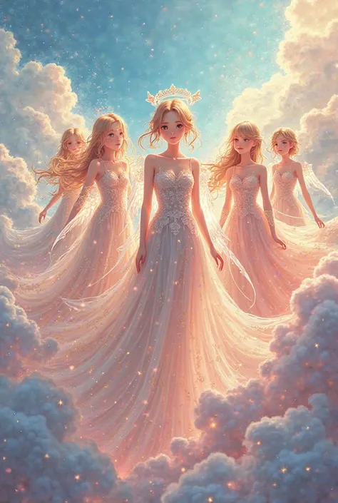 Covered dress and beautiful and colourful anime 5 girls and there will be written like "the five angels of heaven 