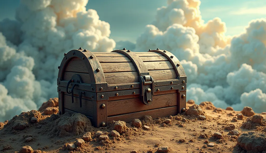 A 3D image of a hidden pirate chest half buried on the ground .image within the frame of imaginary cloud like in comics
  