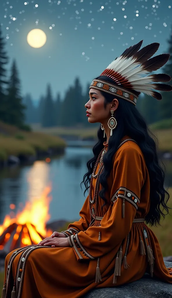 A captivating ultra-realistic scene of a woman with flowing dark, wavy hair, sitting with a headdress adorned with eagle feathers and intricate beadwork in traditional patterns. Her expression is serene as she gazes at a river, wearing a dress of deep ochr...