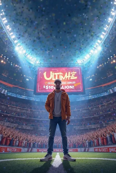 A dynamic digital painting of a massive stadium filled with cheering fans under bright lights. In the center, MrBeast stands confidently on a sports field wearing casual yet stylish clothes, holding a microphone. A vibrant banner behind him reads 'Ultimate...