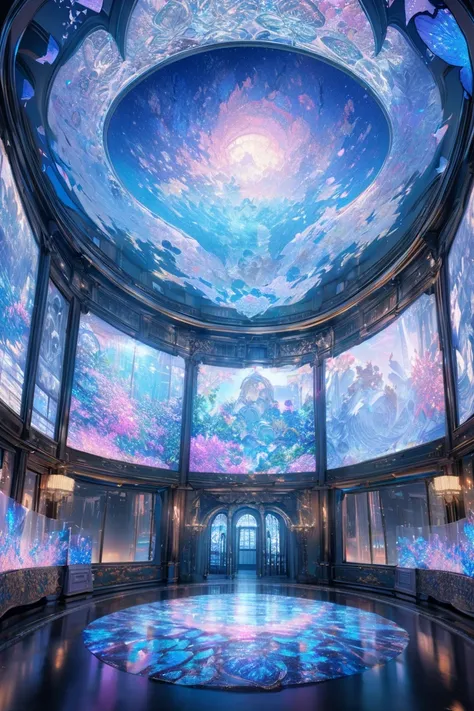 Highest quality,  super fine, 16k, unbelievably high definition, very detailed, delicate,  Flashy and vibrant depiction , The room is covered with undulating pure white plaster,  bright blue butterflies projected with holograms,  scattered scales have also...