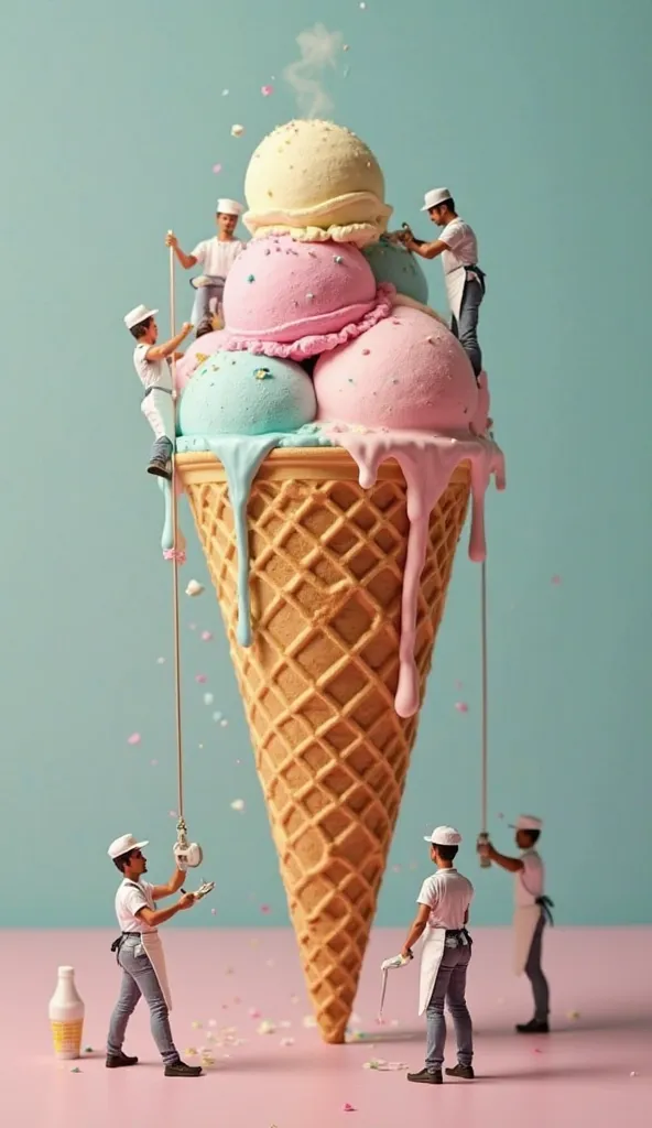 A massive waffle cone held upright, with ultra-realistic tiny workers — wearing pastel-colored aprons and chef hats — stacking scoops of vibrant ice cream. One worker smooths the surface of a scoop with a tiny spatula, another holds a mini blowtorch to gen...