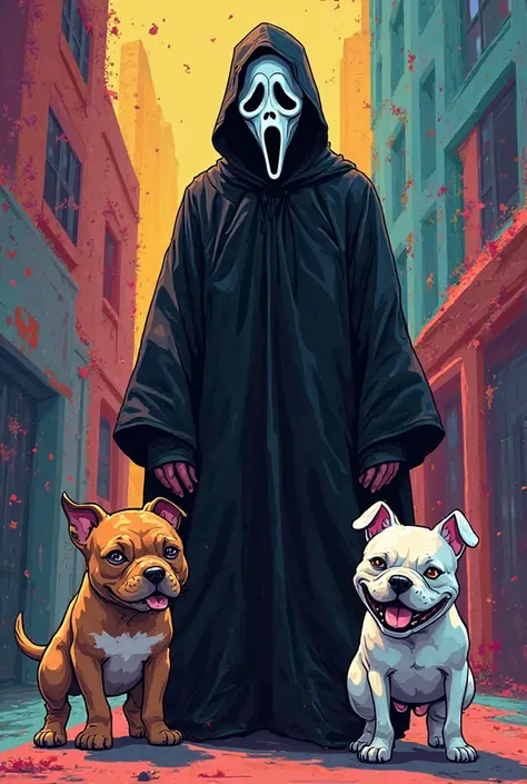 Make Ghostface with two petibulls in cartoon style 