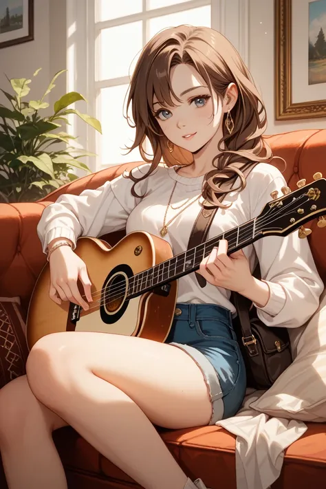 A girl with long brown hair and a kind appearance。 small breasts 。Let me hold a guitar