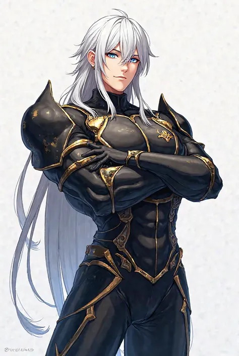 Galloud is a tall and strong man.. She has white hair and blue eyes. She wears black armor with gold details, You have a lazy look.  2d anime style,  white background.