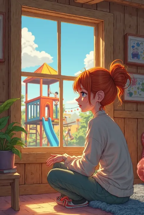 Anime style, a cute ginger woman sitting in a dark wooden cabin, out of the window is a indoor playground, she looks scared, cute