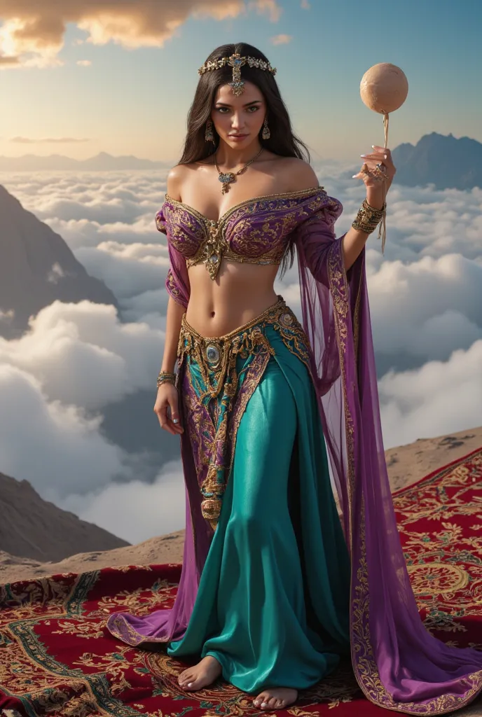 Create a photorealistic image of a stunning 30-year-old Arabic woman with long black hair and a petite hourglass body type, showcasing her huge round breasts and soft belly. Dress her in an intricate and revealing princess Jasmine-inspired outfit that acce...