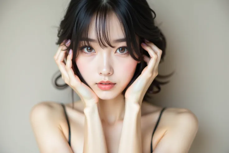 Professional Photo Shoot of Beautiful Women、20-year-old Japanese with dark hair、Small face、Well-balanced Contour、The skin is white and transparent,、There are few blemishes and dullness、, big eyes, and double eyelids、Straight through the bridge of the nose ...