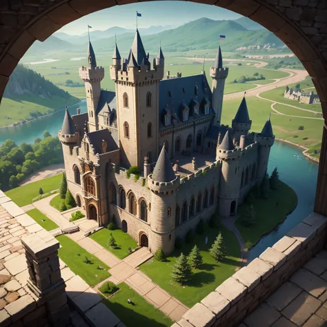 A medieval strategy game interface featuring a pixel-art isometric view of a large stone castle under construction, set within a vast landscape. The castle has a fortified design with thick stone walls, four prominent corner towers with battlements, and a ...