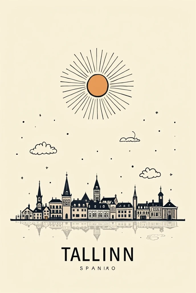 Minimalist poster with beige background and the city of Tallinn drawn by black lines evident in the sky drawn only a sun with a black outline and the sticks that form rays, Snow and clouds only from black lines