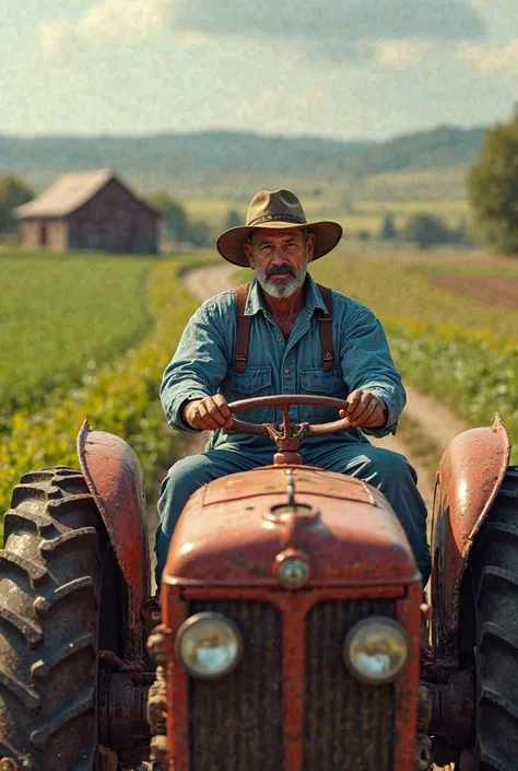 A man in a jumpsuit and a blue tractor