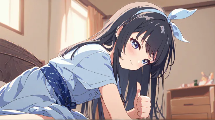  long hair, (  black hair) , bangs、Forehead , 1 girl, solo、 blue hair ribbon 、 blue kimono、on the bed just a little bit、 Costume、high quality、cute、on the bed、 Disgusting Face、thumbs up