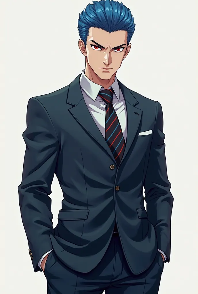 anime style anime guy in suit hands in pocket... full body from shoes to hair ... evil pose.show all the body