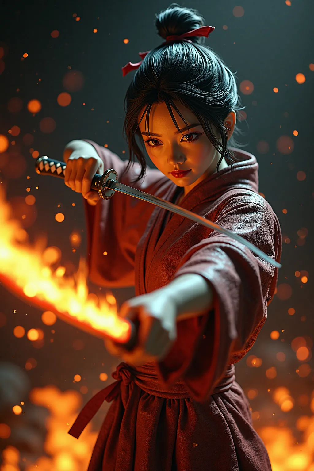 Closeup of a statue of a Japanese woman aiming a KATANA, (Japanese sword engulfed in flames), sparks、 Darkness、anime figure, full body shot, (Masterpiece), (High detail), (Best quality), 8k, 4K,  Ultra HD, (3d), (( Ashura)), good-looking, Delicate and Beau...