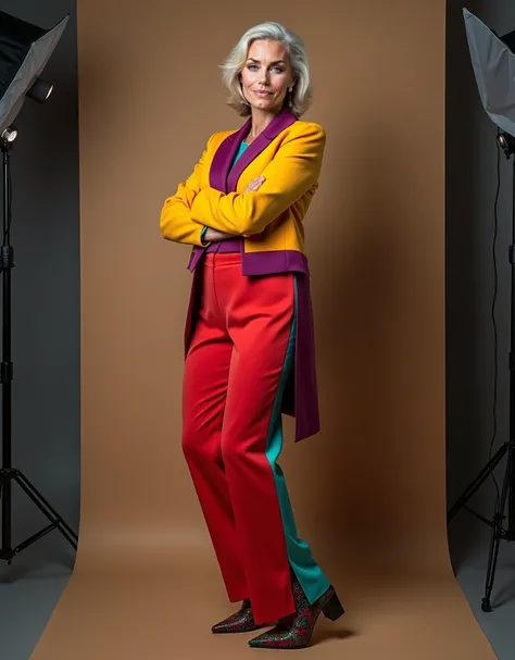 Use character reference! Proffesional studio session, WOMAN ((small wrinkless)), 172 cm tall, 84 kg, 42 years weight, Create me photograph with she wearing a suit with many bright colors, with a triquini with a slit in the waistband, with colored boots ,