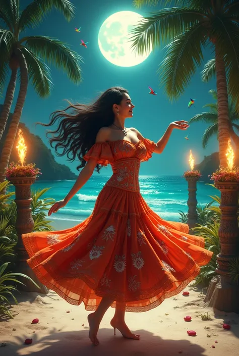 Beautiful Mexican woman, smiling, full body, dancing, in the moonlight, surrounded by tiki torches, highly detailed, intricate, ornate, lush, vibrant creole style landscape, masterpiece, photorealistic, 8K, hyper-realistic, wide shot, high resolution, ultr...