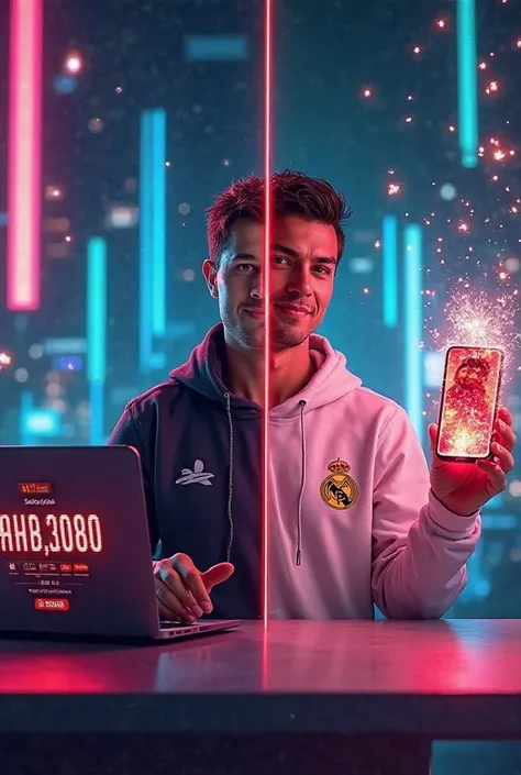 A split-screen digital art scene: on one side, MrBeast is shown with a laptop displaying a rapidly increasing subscriber counter; on the other side, Cristiano Ronaldo holds a smartphone with an image post going viral as likes explode around him. The backgr...