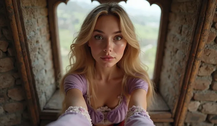 selfie_shot_of_disney_rapunzel_Realistic_women_28_years_old_sitting_on_tower_window_in_3d_only_her_chest_and_are_visible.