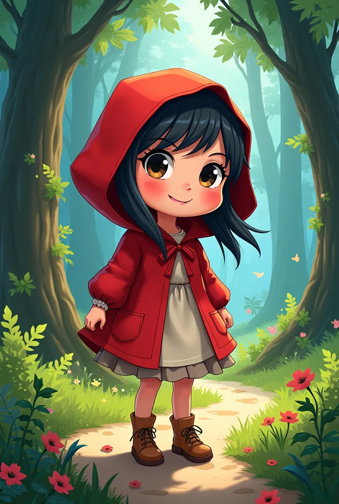 little red riding hood poster make the style more cartoonish, like anime and have a title above indicating the word Little Red Riding Hood in a storybook kind of design