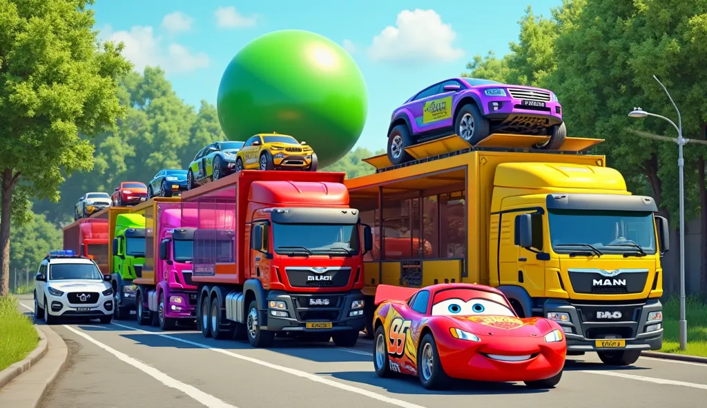 "A vibrant and colorful collection of various vehicles on a road surrounded by lush green trees. The scene includes multiple large MAN trucks painted in bright colors such as red, yellow, pink, and green, lined up in a row. A police SUV labeled 'Sheriff' i...