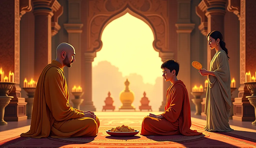 A wise Buddhist monk with a bald head and a calm, gentle expression sits cross-legged on the floor inside a wealthy man's house during ancient times. He wears traditional saffron robes, radiating wisdom and peace. Beside him sits his 20-year-old disciple, ...