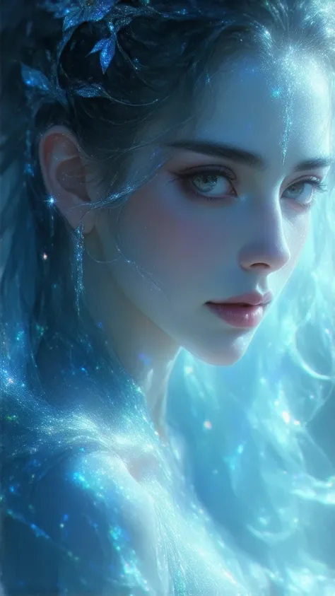 beautiful aura　amazing beauty　Mysterious　すごく綺麗なblue　lover　blue　Like a celestial maiden
sparkling hair ornament　beautiful, gently wavy hair up to the waist　Full body　A woman who looks in front of her memories is beautiful　I'm closing my eyes lovingly　foreve...