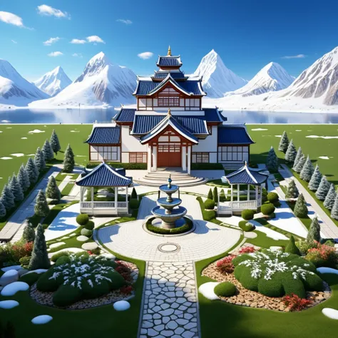 Image is a digital illustration depicting a grand, symmetrical mansion with a blue and white color scheme, set against a backdrop of snow-capped mountains and a clear blue sky with lake under mountain. The mansion features multiple gabled roofs and a centr...