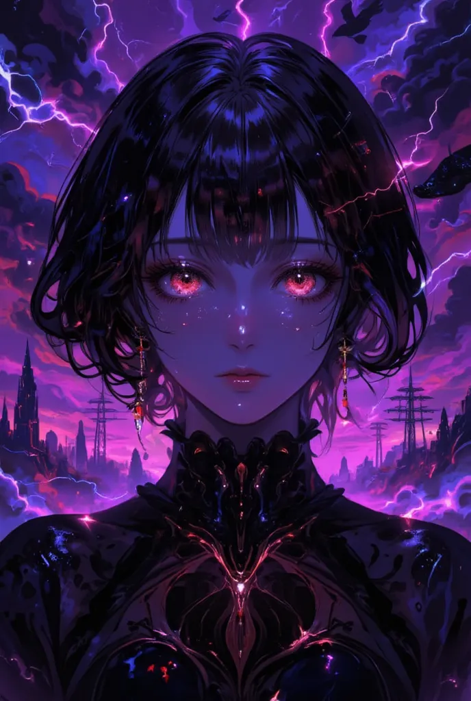 1girl, (((dark navy short hair,glowing red eyes))),
darkness,horror,tilt angle,
transparent skin,overly detailed pupils,halation, decadent,effete, dusk, apocalypse, occult,many electricity pylon, hundreds of many black birds flying,from below,
purple and b...