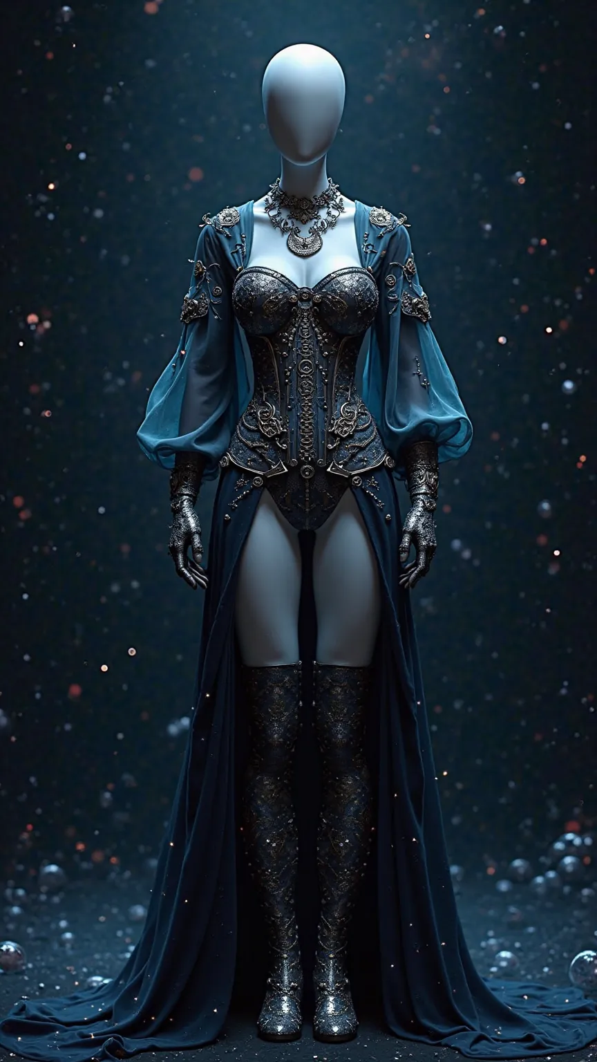 A celestial sorceress outfit displayed on a mannequin, designed for a woman, with no person wearing it. The outfit is made of a flowing dark fabric that shifts between deep blue and black, resembling the night sky. The corset is adorned with delicate glowi...