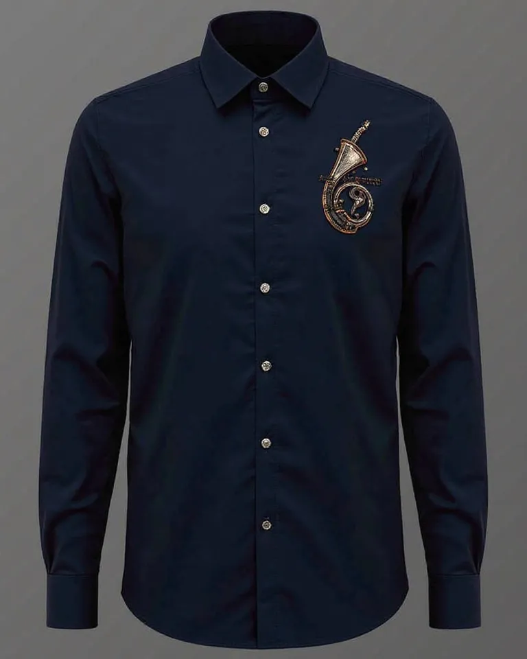 Dark blue men's dress shirt, with Horn instrument embroidered on the left chest and with the Brasilis writing below the embroidery 
