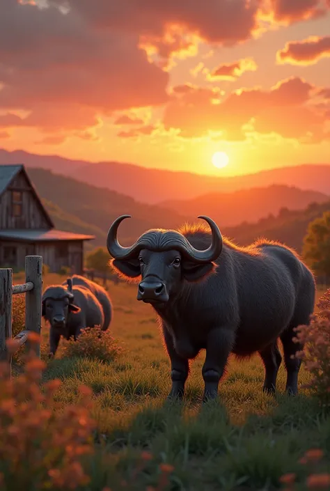 Create an image of a sunset at a buffalo dairy 