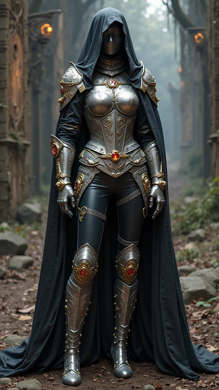 A magical warrior knight outfit displayed on a mannequin, designed for a woman, with no person wearing it. The outfit features an enchanted silver-plated corset engraved with protective runes that shimmer under the moonlight. The fitted, high-tech leather ...